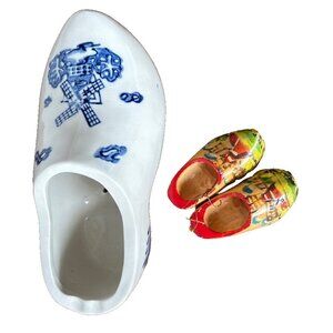 Holland Michigan Mini Wood Dutch 2.5” Carved Shoes Souvenir + 1 Ceramic Shoe 7"